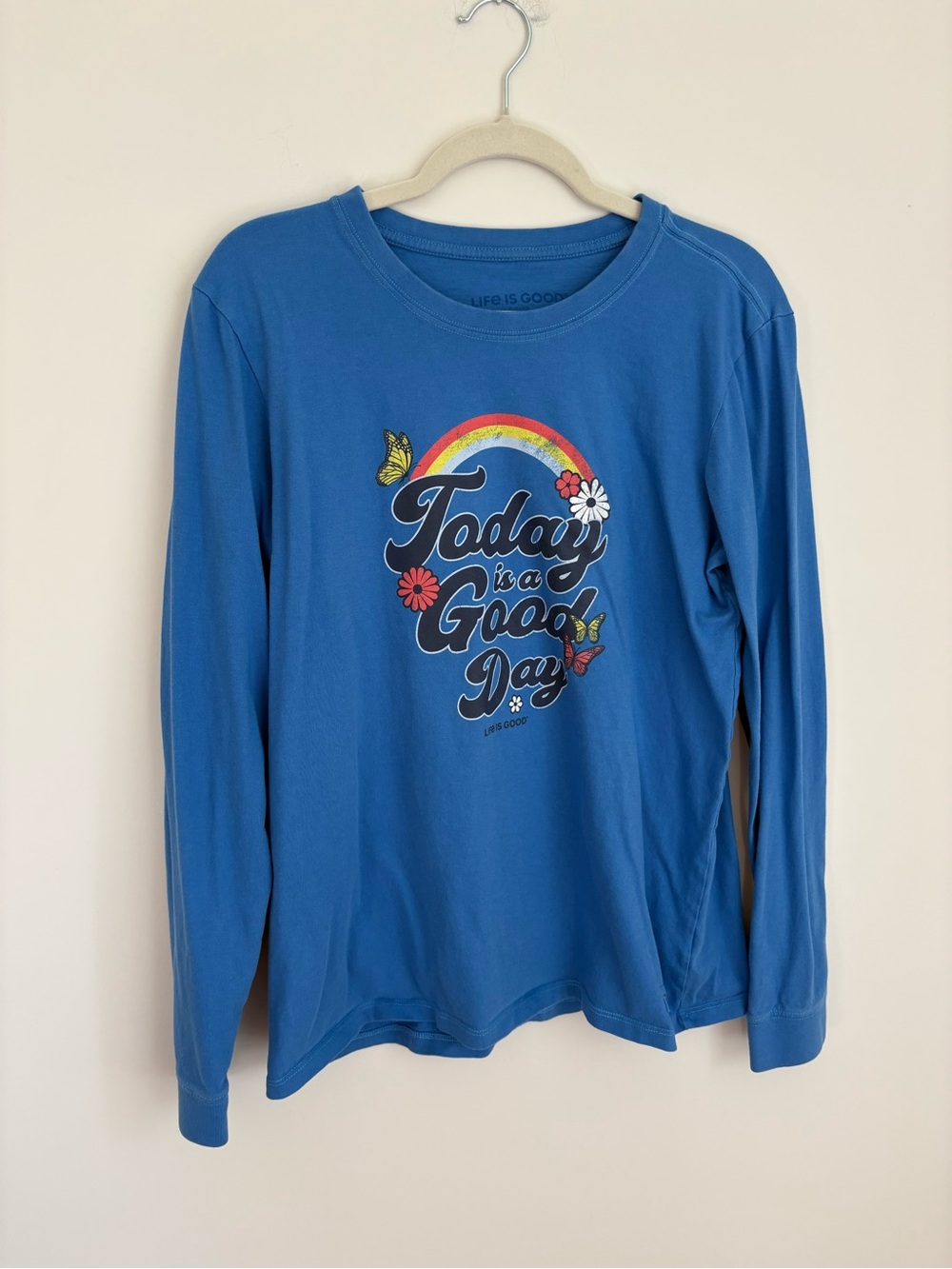 Life Is Good Blue Long-Sleeve Tee with Rainbow 'Today is a Good Day' Graphic